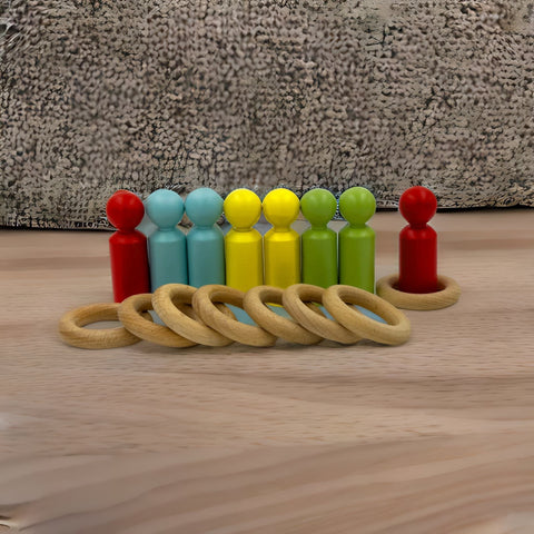Wooden Peg Dolls: Colourful Diverse Wooden Peg Dolls with Rings for Kids